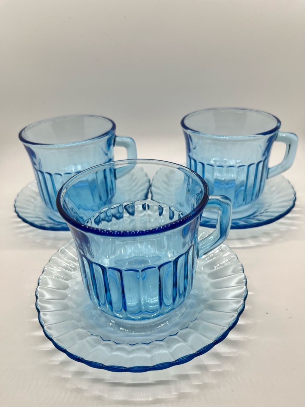 Three Vintage Fortecrisa Azure Blue Scalloped Glass Cup and Saucer Sets